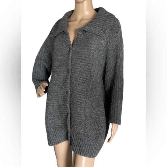 Eileen Fisher Alpaca Merino Wool Blend Gray Chunky Knit Cardigan Sweater Women L - Picture 1 of 11